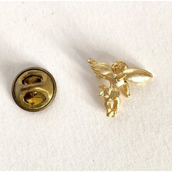 Guardian Angel Gold Tone Scatter Pin with Green Crystal Lapel Hat 1/2in Tall - Picture 4 of 5